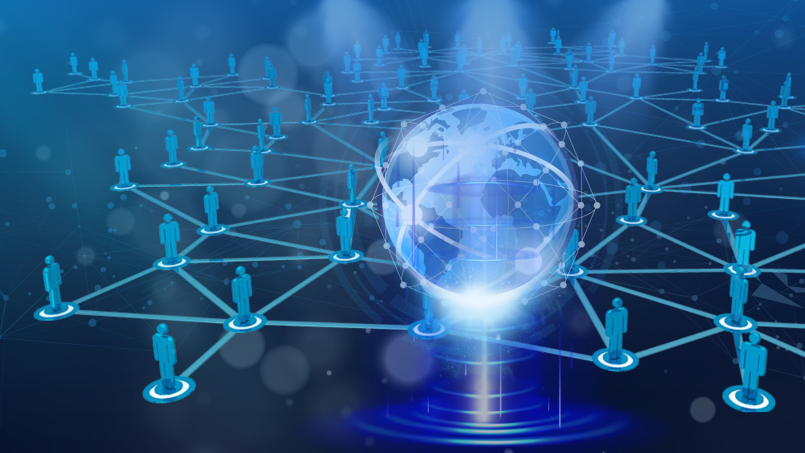 An illustration, in shades of blue, of the world in the center of a web of connected people. 