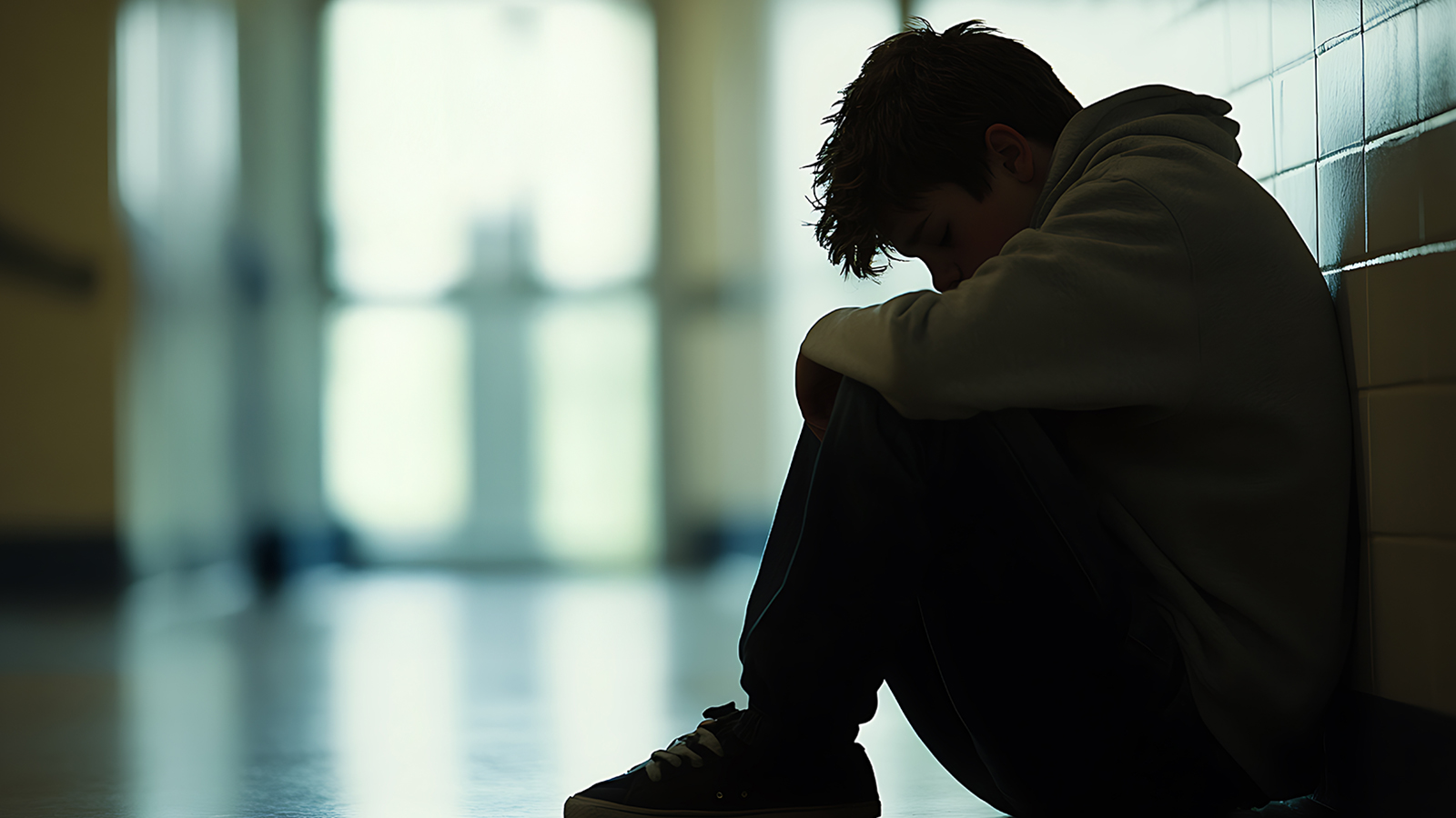 A teenager sits on floor, back to wall, with their head resting on knees. 
