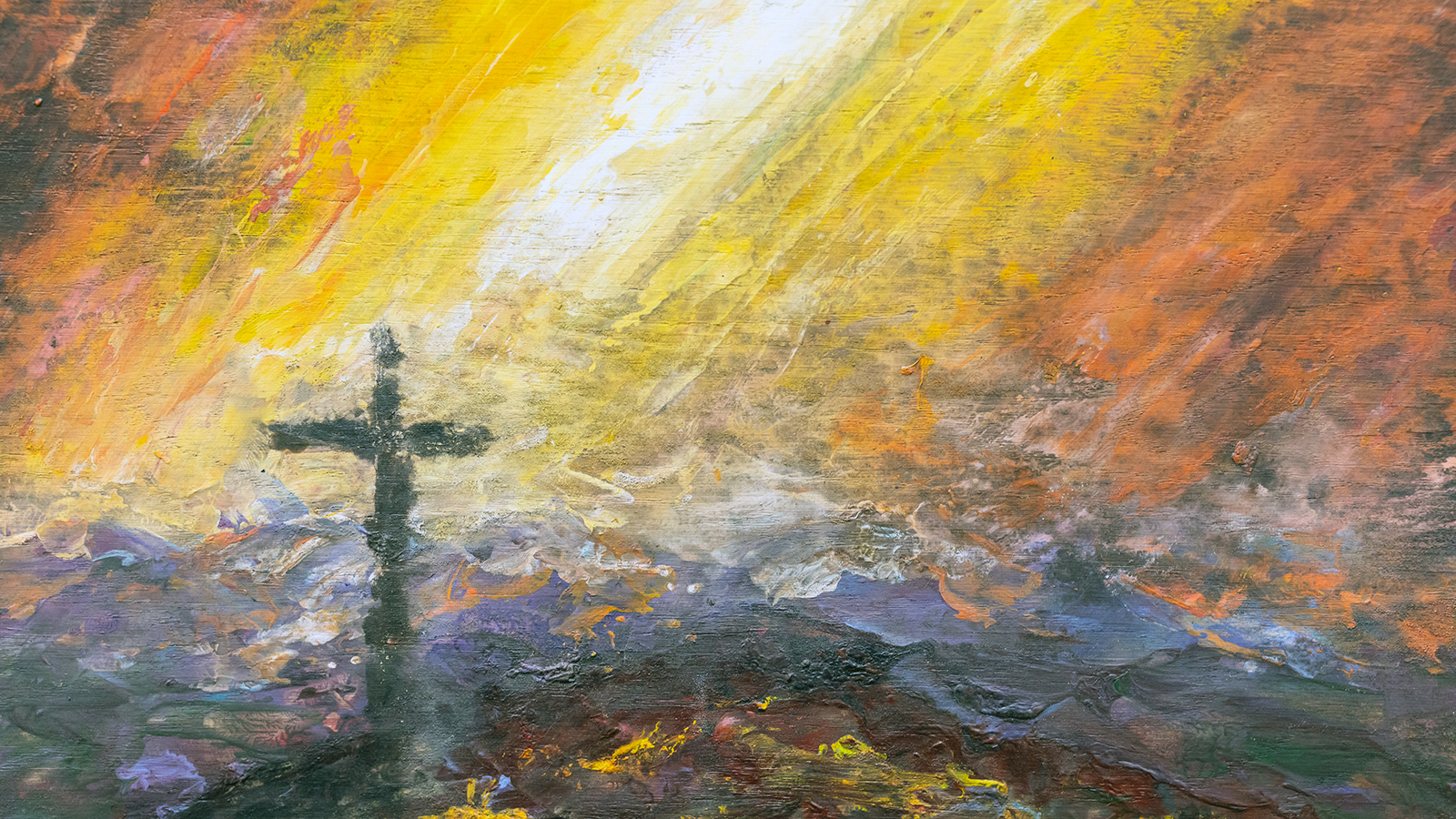 A textured painting featuring a cross on a hillside with sun shining on it. 