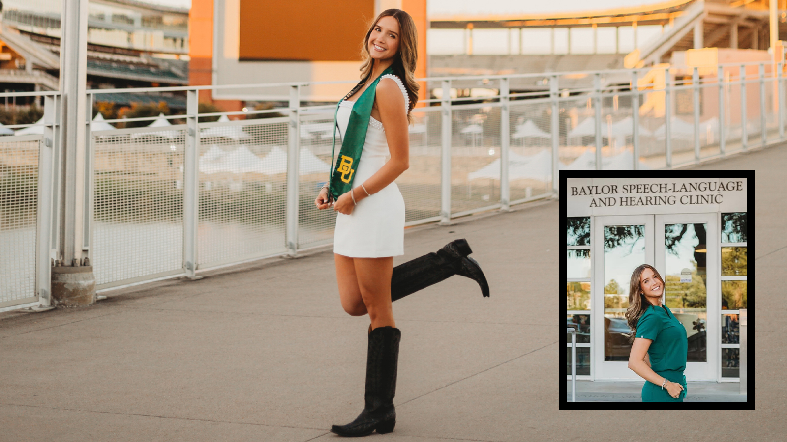 Payton White poses in front of McLane Stadium, wearing a white dress and black boots.