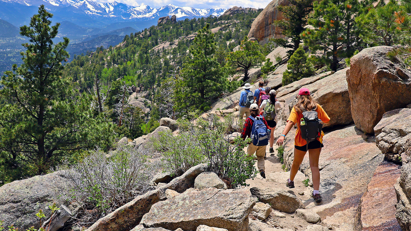 Six people hike along a rocky trail with trees and mountains in distance.
