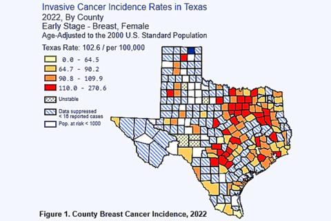 Invasive cancer incidence rates in Texas, 2022, by county (map)