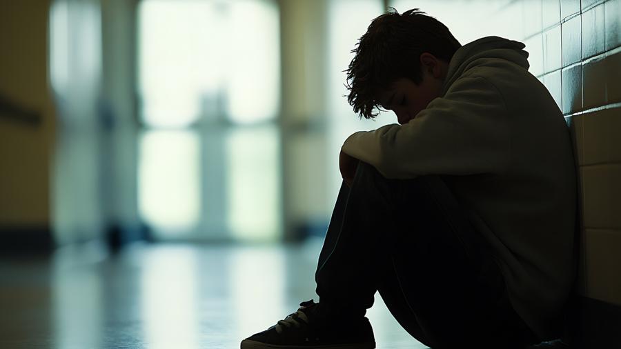 A teenager sits on floor, back to wall, with their head resting on knees. 